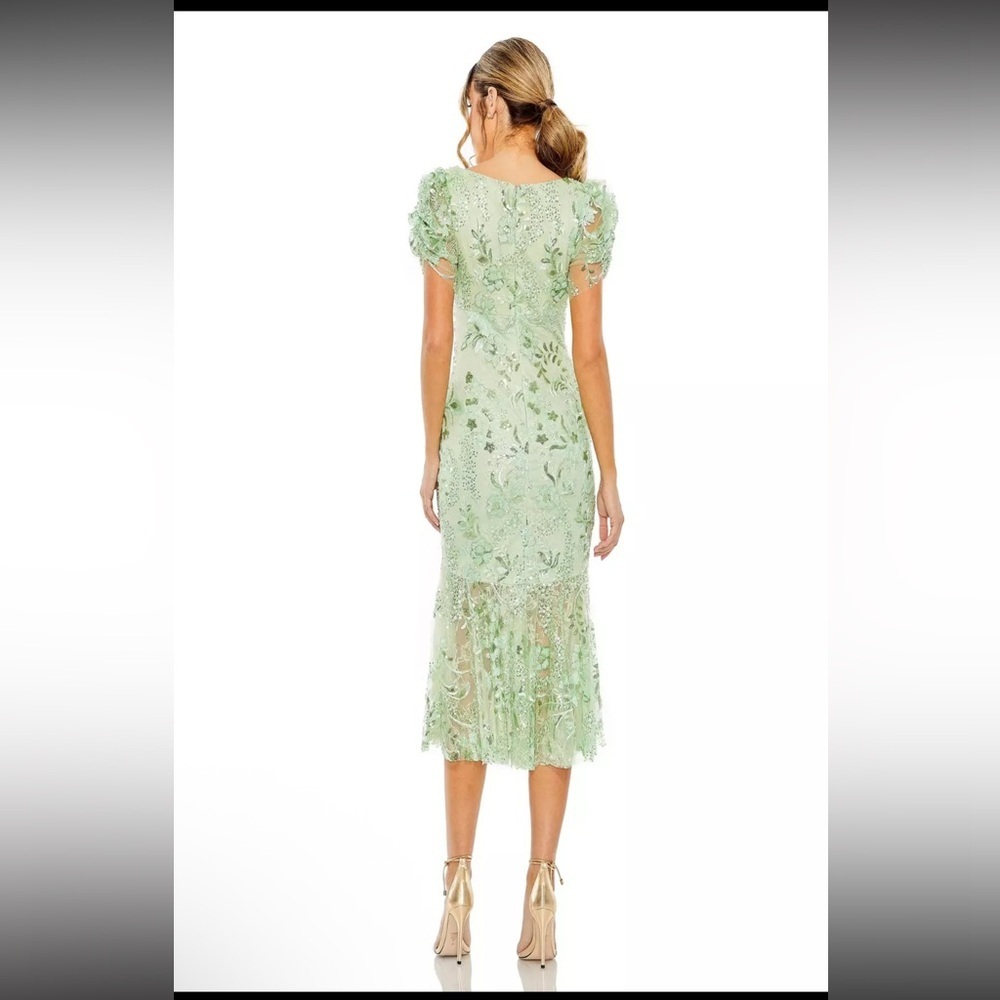Mac Duggal Size 8 Mint Green 68266 Puff Sleeve V-Neck Embellished Midi Dress New - Picture 2 of 15